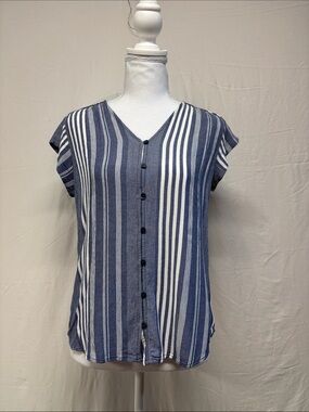 Liz Claiborne Blue and White Striped V-Neck Button Top